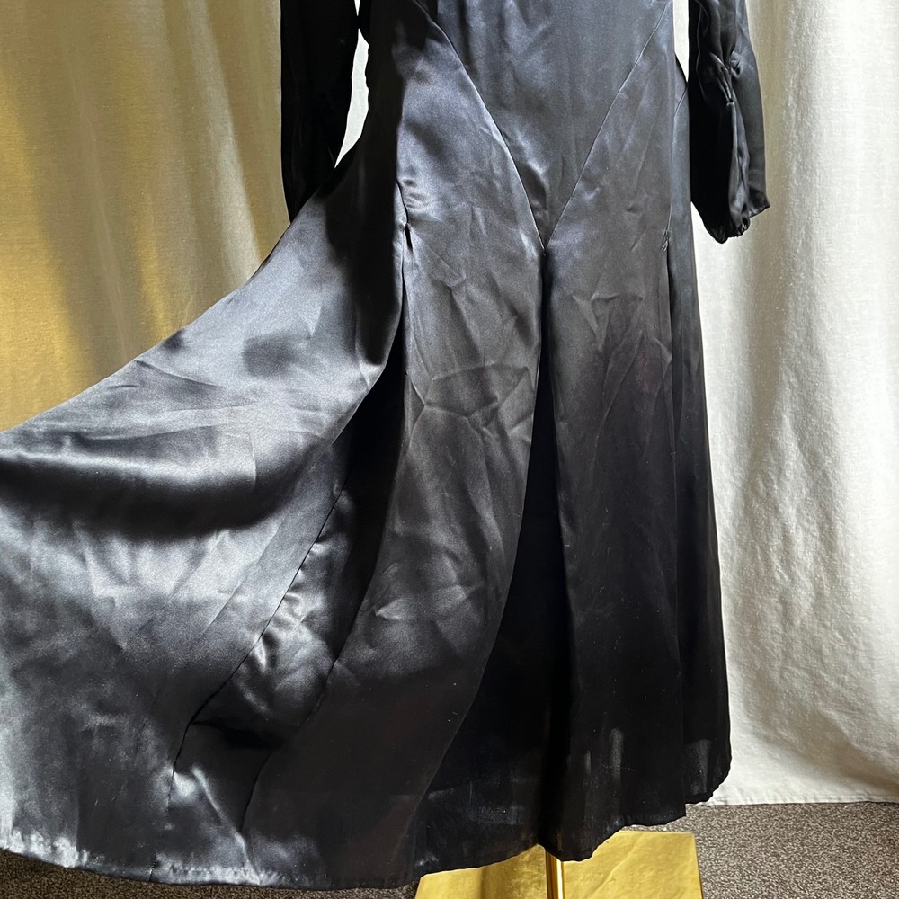 Antique 1910s Black Silk Satin Dress Edwardian Puff Sleeve Button Front Gown S/M - Picture 6 of 9